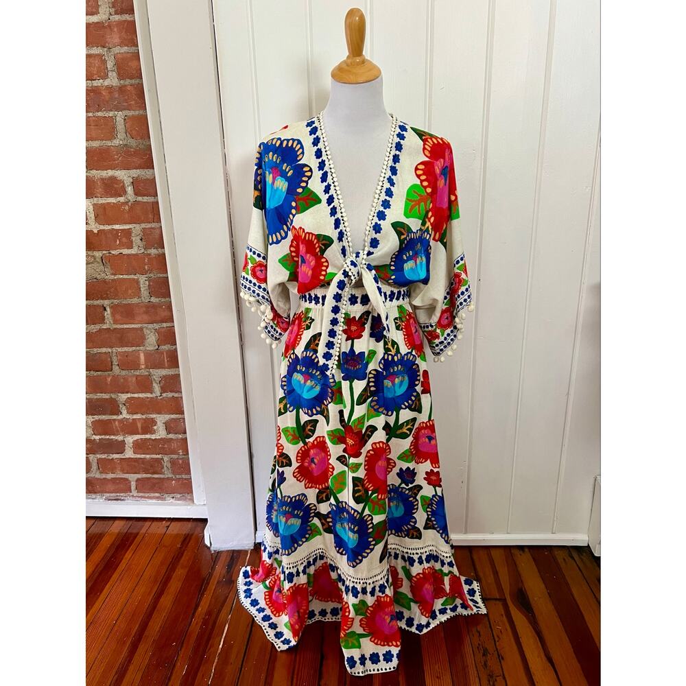 NEW Farm Rio Doce Flor Midi Dress M Floral Tie Front Linen Pom Pom - Picture 3 of 15